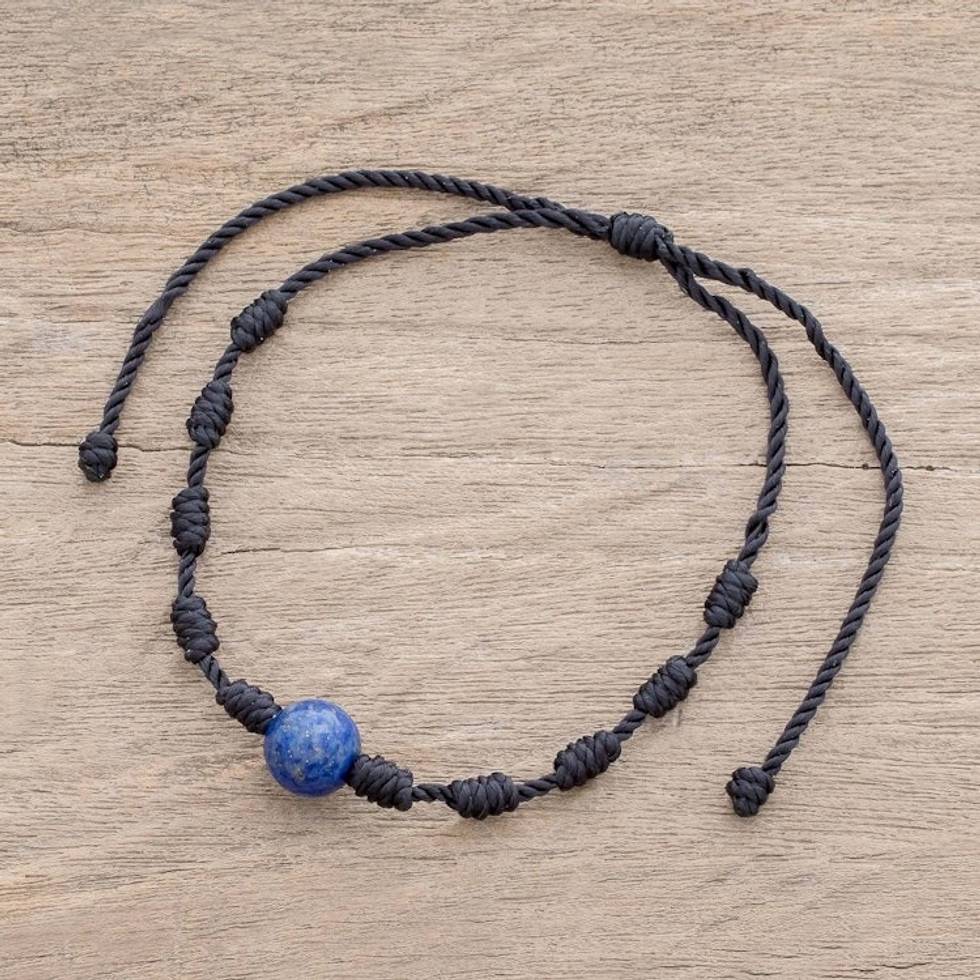 Lapis Lazuli and Nylon Knotted Cord Adjustable Bracelet 'Bold Texture in Blue'