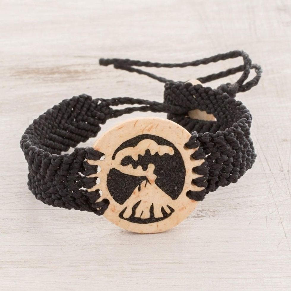 Coconut Shell and Lava Stone Volcano Pendant Bracelet 'Fiery Volcano'