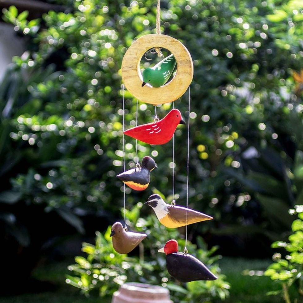 Colorful Wood Bird Mobile 'Birds of a Feather'