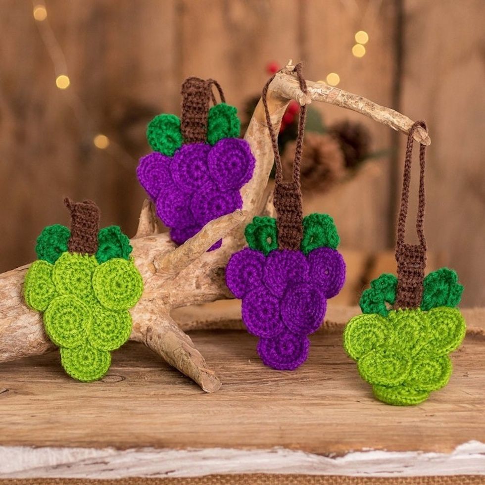 Hand-Crocheted Green and Purple Grape Ornaments Set of 4 'Sweet Grapes'