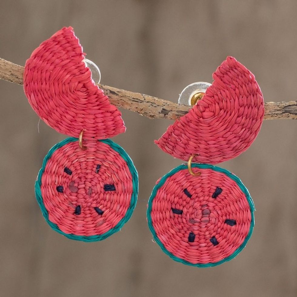 Watermelon Wedges Handwoven Junco Reed Dangle Earrings 'Watermelon Feast'