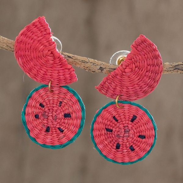 Alternate image for Watermelon Wedges Handwoven Junco Reed Dangle Earrings Watermelon Feast