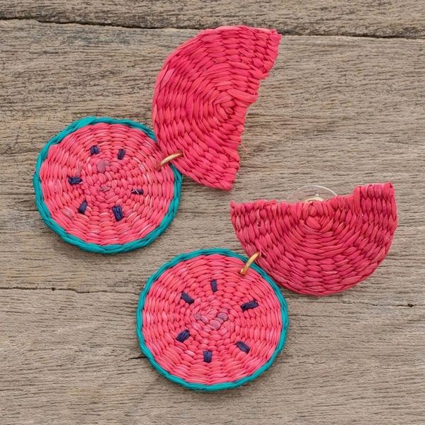 Alternate image for Watermelon Wedges Handwoven Junco Reed Dangle Earrings Watermelon Feast
