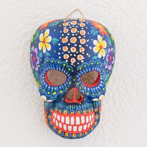 Alternate image for Hand-Painted Blue Floral Wood Skull Mask from Guatemala Life and Happiness
