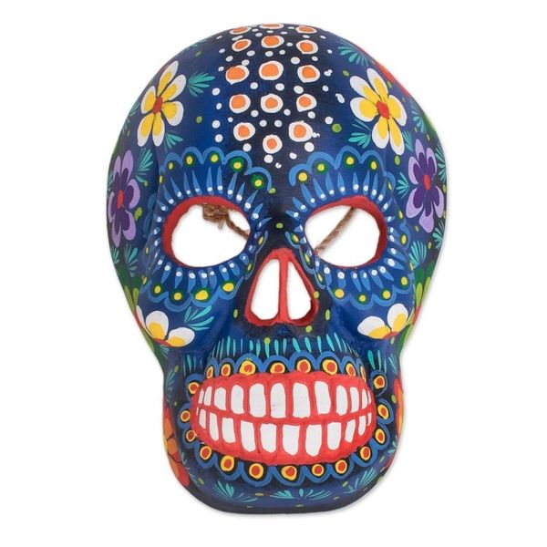 Alternate image for Hand-Painted Blue Floral Wood Skull Mask from Guatemala Life and Happiness