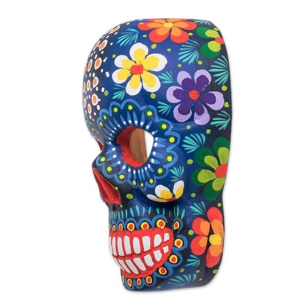Alternate image for Hand-Painted Blue Floral Wood Skull Mask from Guatemala Life and Happiness