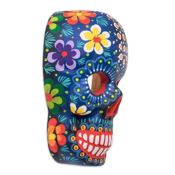 Alternate image for Hand-Painted Blue Floral Wood Skull Mask from Guatemala Life and Happiness