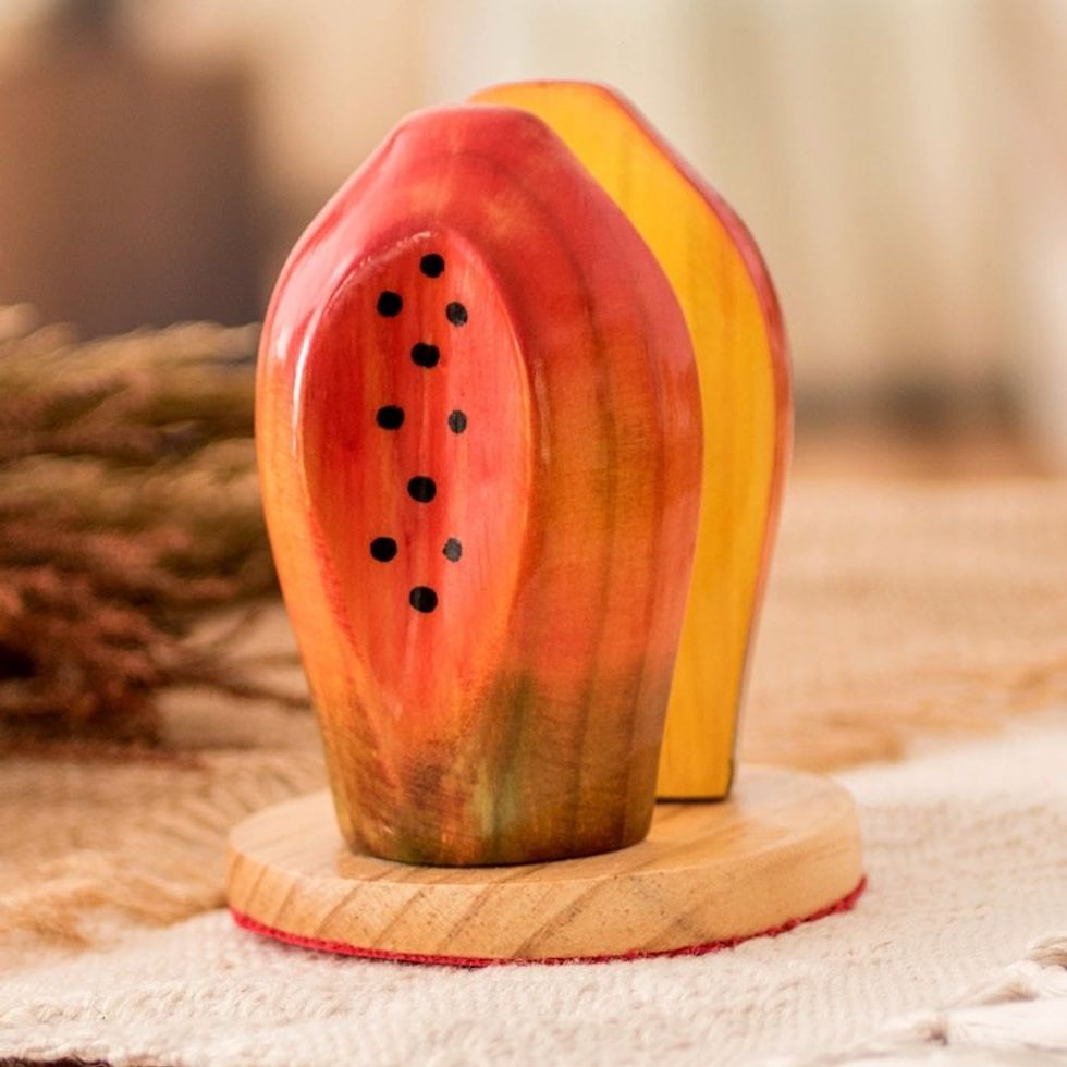 Carved Wood Papaya Napkin Holder 'Luscious Papaya'