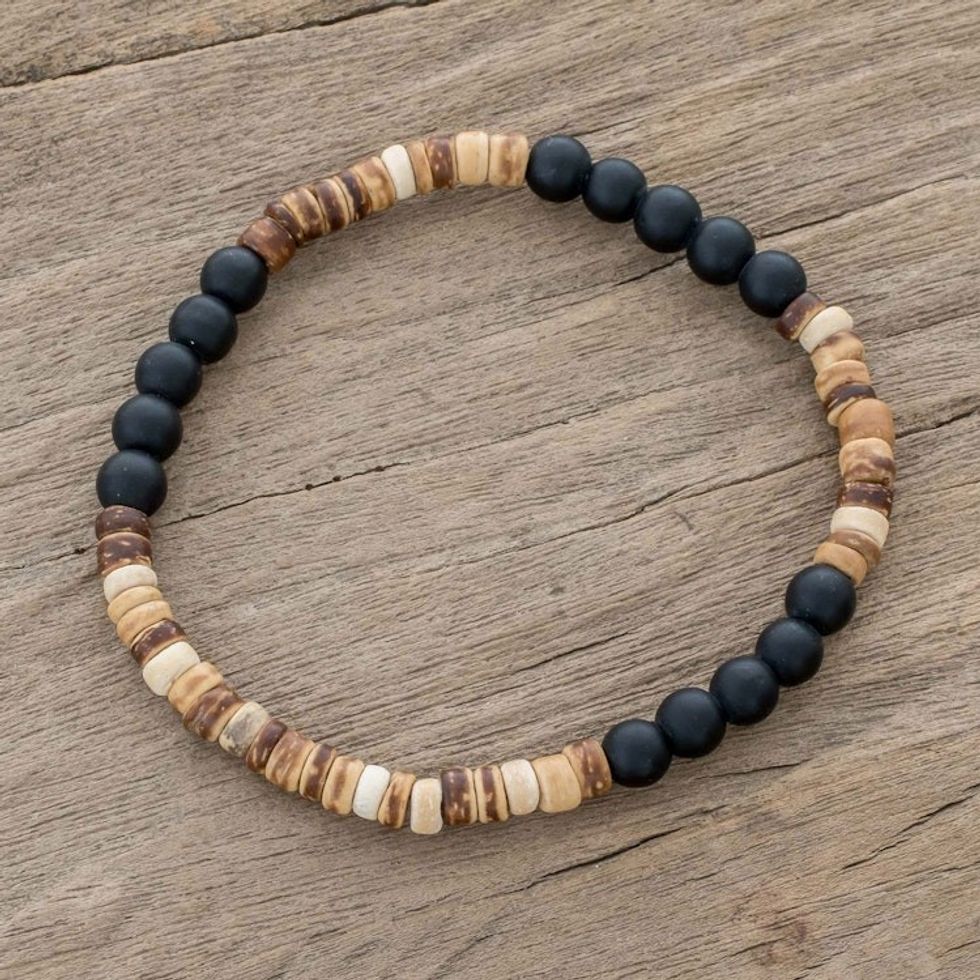 Onyx and Coconut Shell Beaded Stretch Bracelet 'Earthen Force'