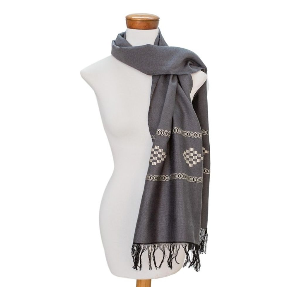 Grey Cotton Blend Scarf with Warm White Diamond Motif 'Diamond Diva in Grey'
