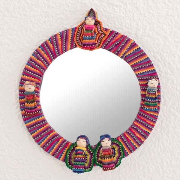 Alternate image for Circular Cotton Wall Mirror with Worry Dolls from Guatemala Quitapenas Reflection