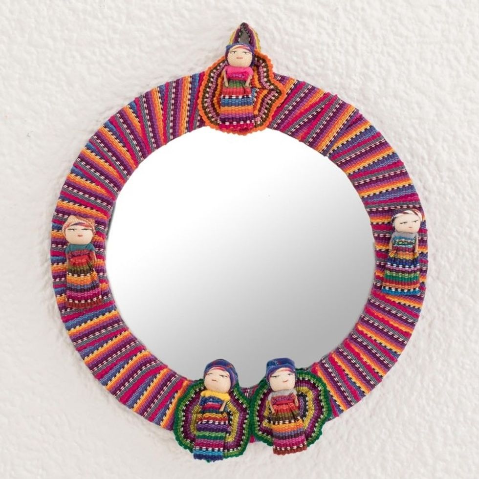 Circular Cotton Wall Mirror with Worry Dolls from Guatemala 'Quitapenas Reflection'