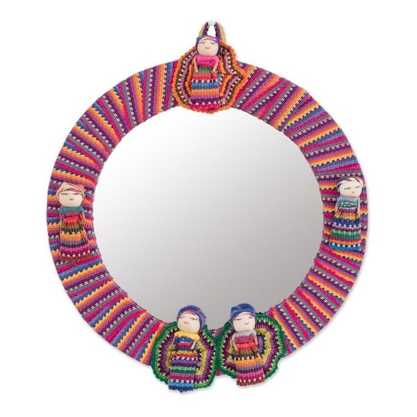 Alternate image for Circular Cotton Wall Mirror with Worry Dolls from Guatemala Quitapenas Reflection