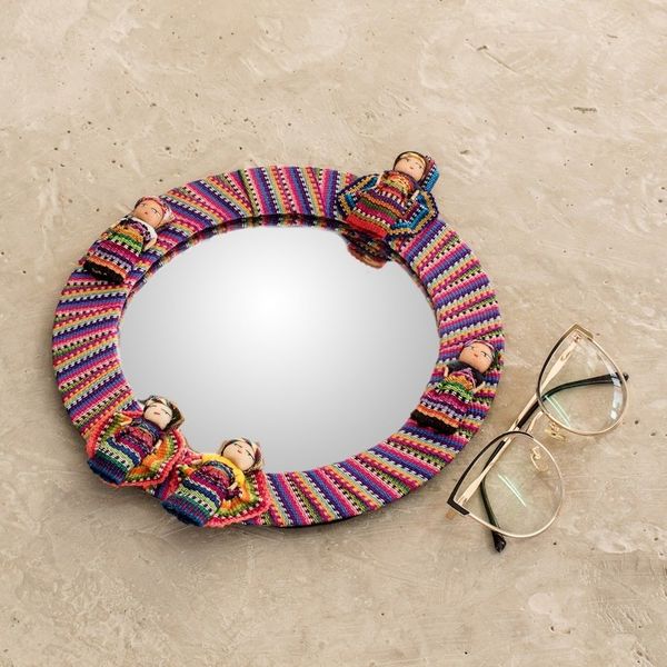 Alternate image for Circular Cotton Wall Mirror with Worry Dolls from Guatemala Quitapenas Reflection