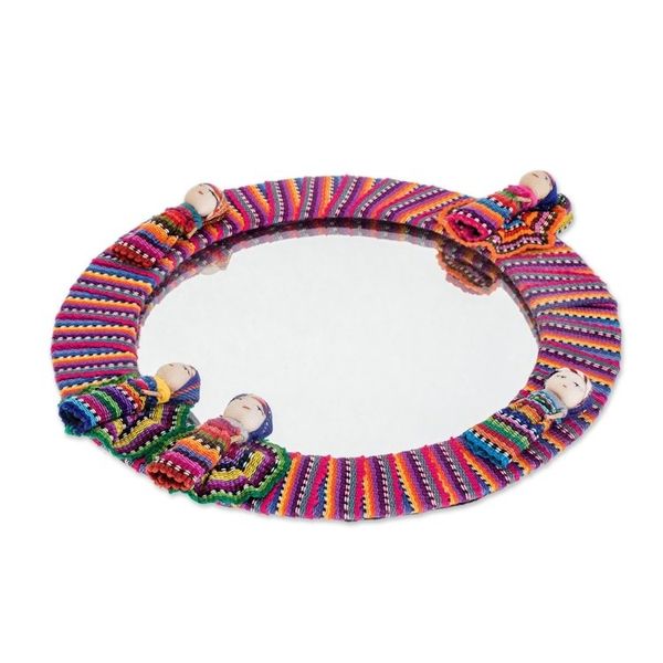 Alternate image for Circular Cotton Wall Mirror with Worry Dolls from Guatemala Quitapenas Reflection