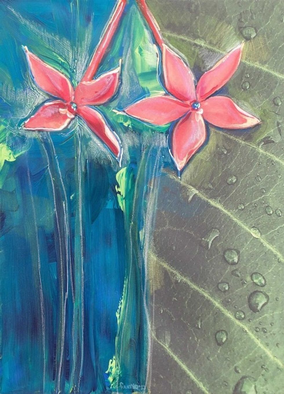 Original Signed Costa Rican Fine Art Flame Flower Painting 'Flower in Leaf'