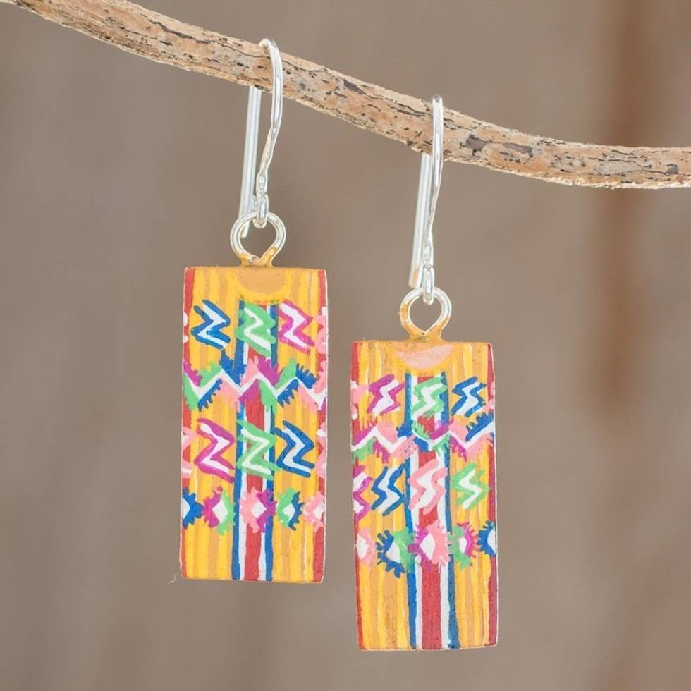 Huipil-Inspired Wood Dangle Earrings from Guatemala 'Tecpan Marvels'