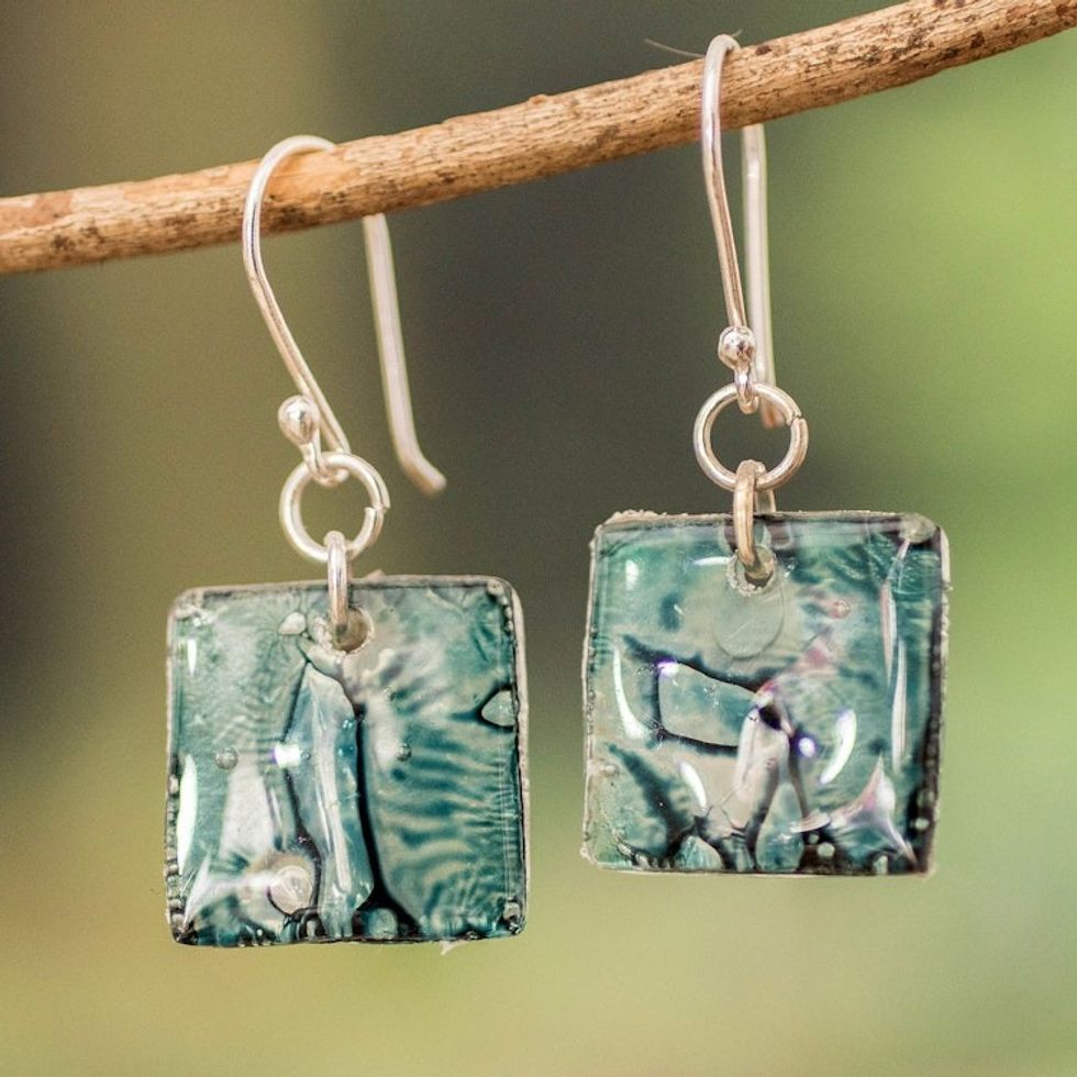 Square Recycled CD Dangle Earrings from Guatemala 'Below the Sea'