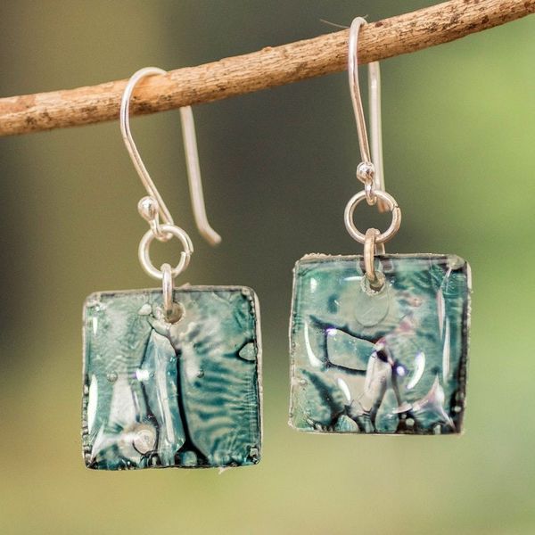 Alternate image for Square Recycled CD Dangle Earrings from Guatemala Below the Sea