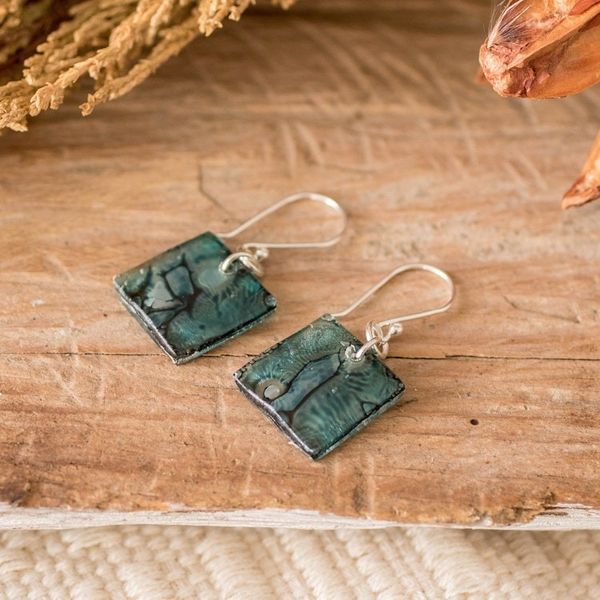 Alternate image for Square Recycled CD Dangle Earrings from Guatemala Below the Sea