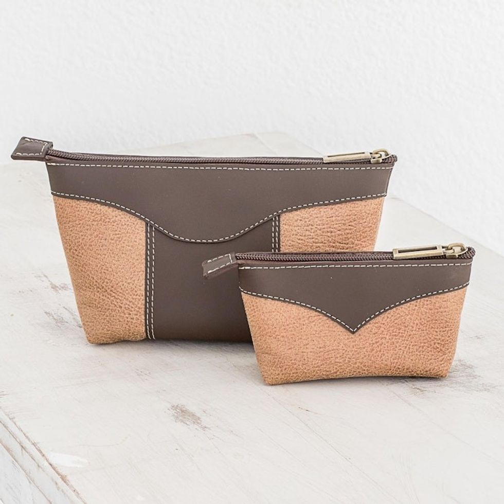 Leather Cosmetic Bags in Espresso and Honey Pair 'Complementary Espresso'