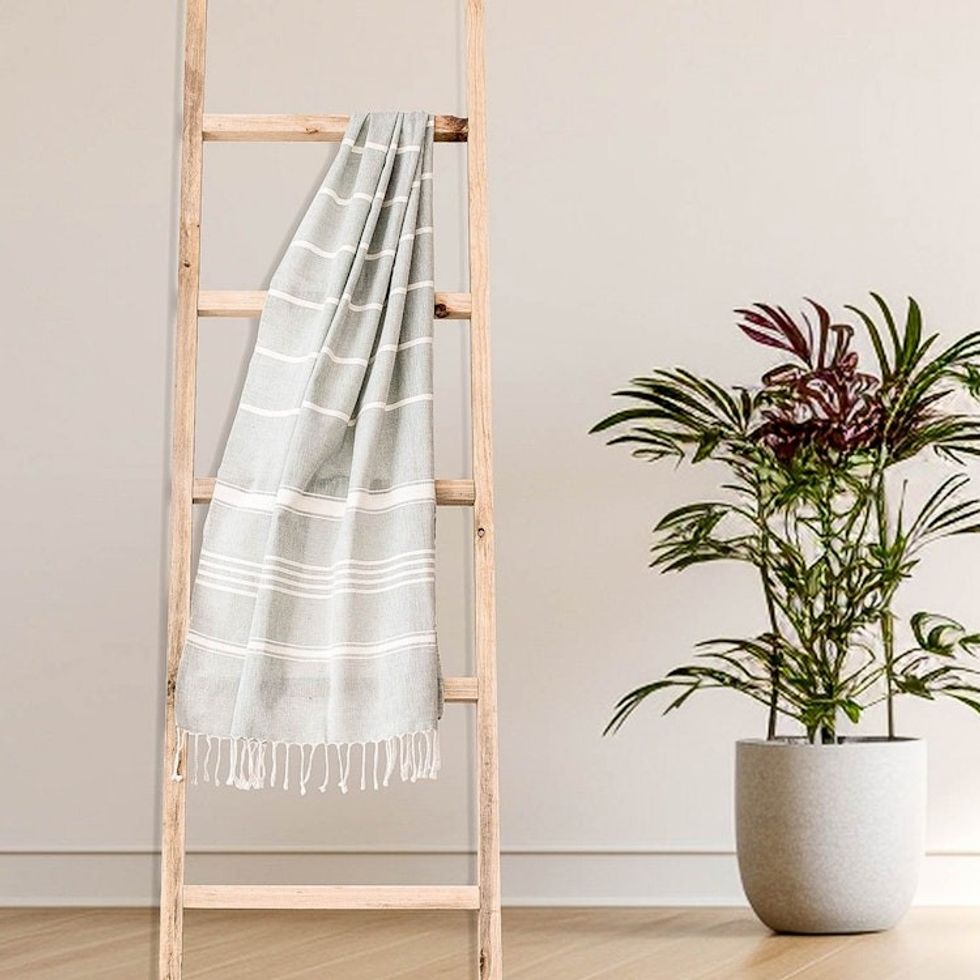 Striped Cotton Beach Towel in Celadon from Guatemala 'Fresh Relaxation in Celadon'