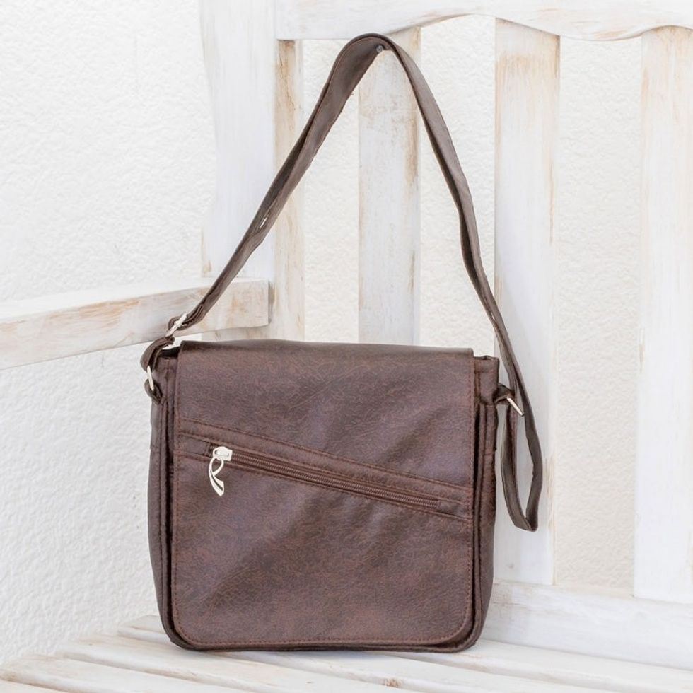 Faux Leather Messenger Bag in Mahogany from Costa Rica 'Mahogany Voyage'