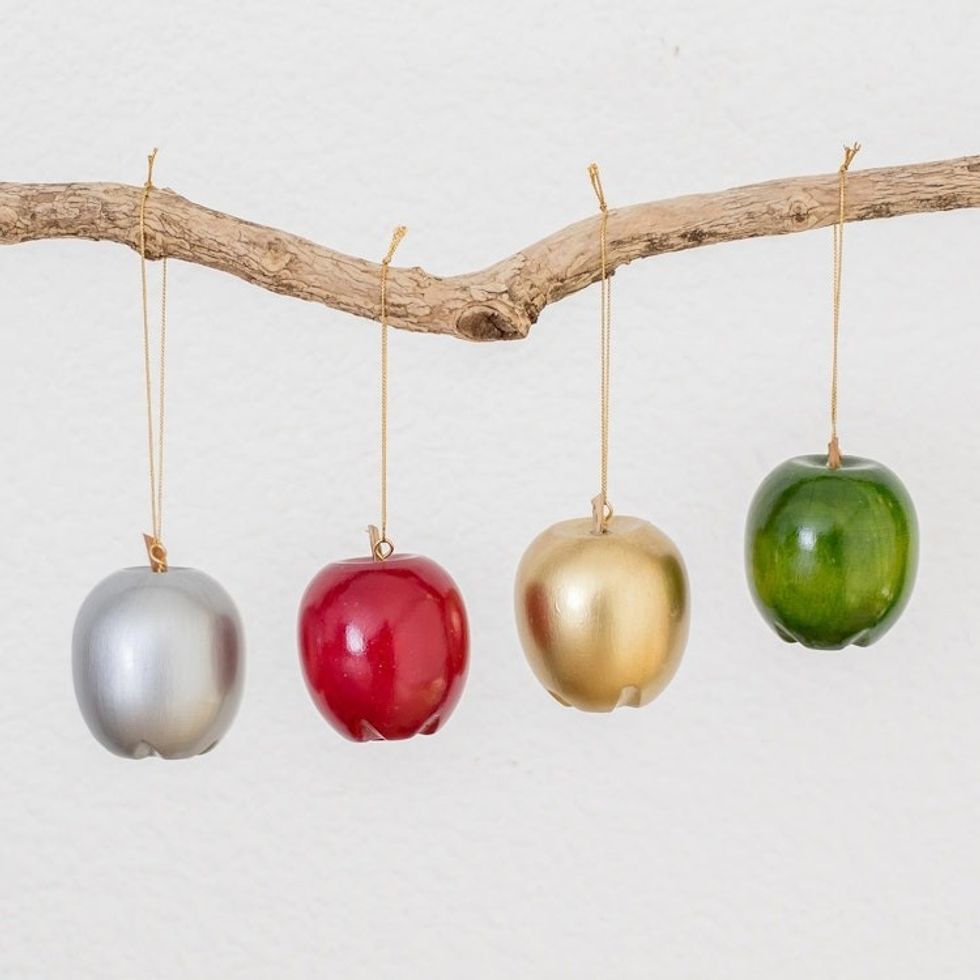 Assorted Reclaimed Wood Apple Ornaments Set of 4 'Magnificent Orchard'