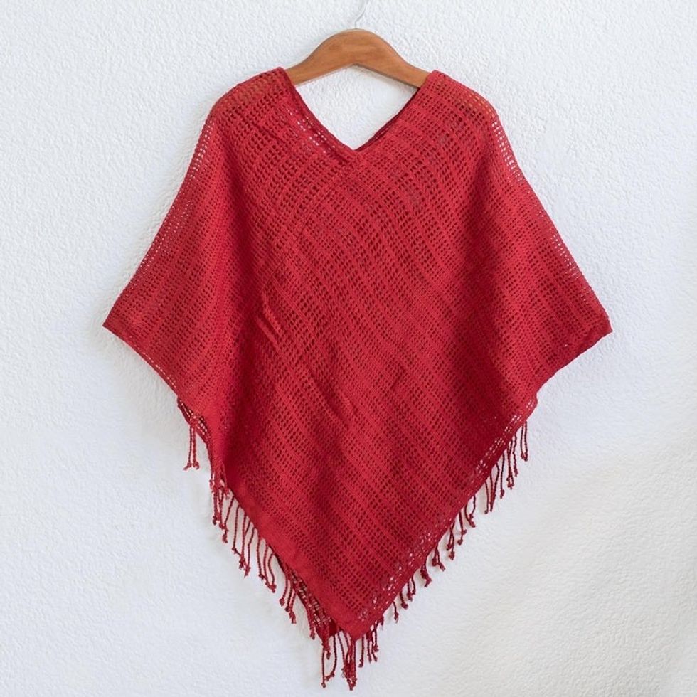 Bright Red Open Weave Cotton Poncho 'Fresh Chili'