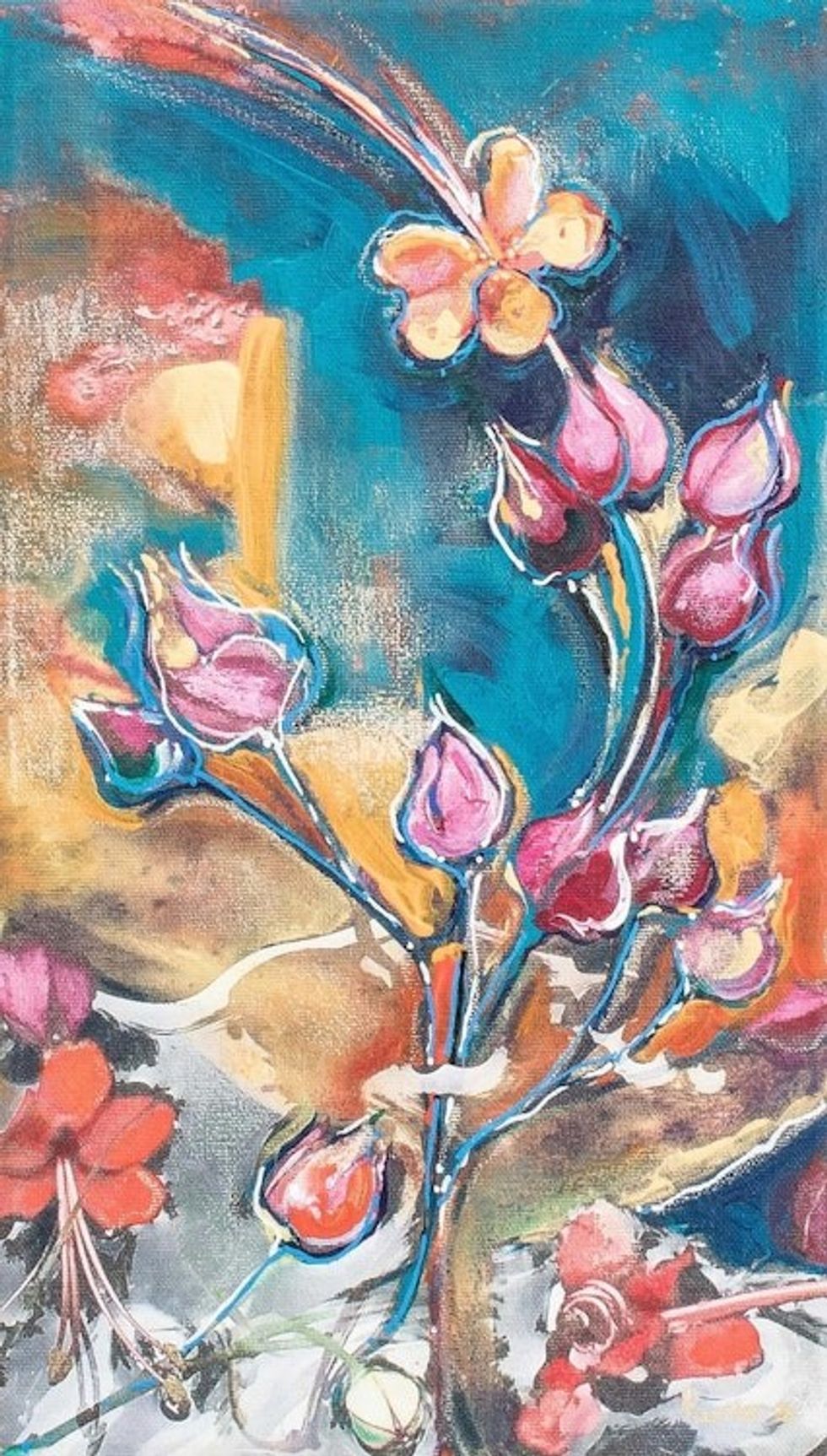 Original Signed Costa Rican Fine Art Flower Painting 'Beneath the Water'