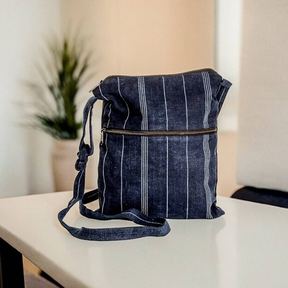 Hand Loomed Blue Cotton Shoulder Bag 'San Antonio Blues'