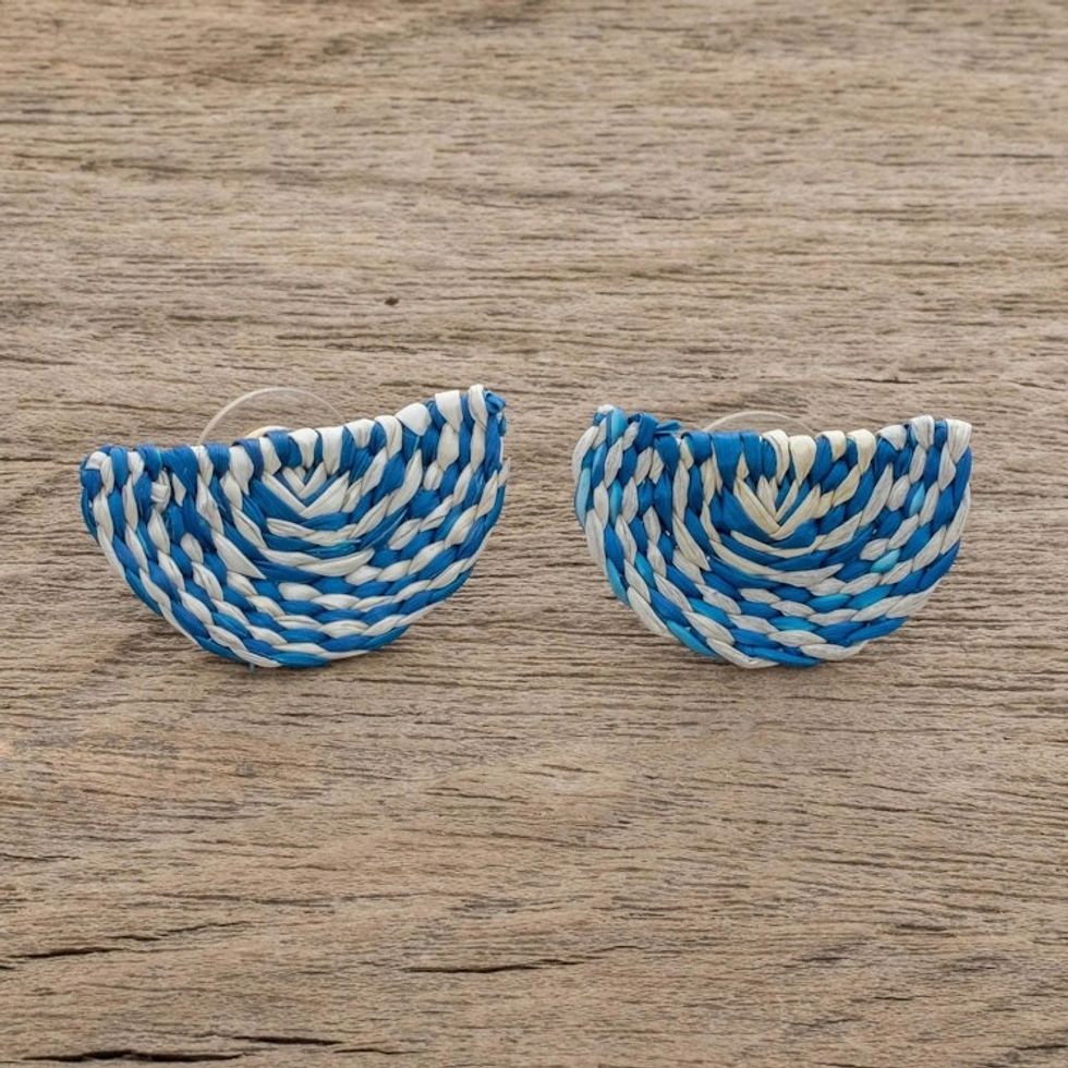 Blue and Ivory Woven Junco Reed Half-Circle Button Earrings 'Creamsicle Swirl'