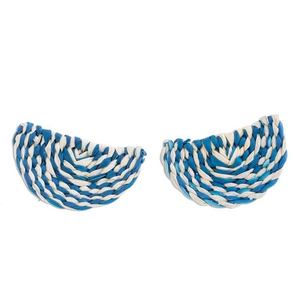 Alternate image for Blue and Ivory Woven Junco Reed Half-Circle Button Earrings Creamsicle Swirl