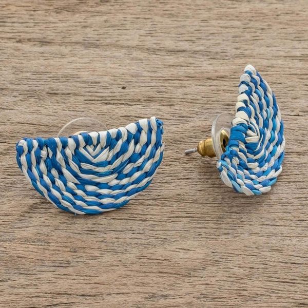 Alternate image for Blue and Ivory Woven Junco Reed Half-Circle Button Earrings Creamsicle Swirl