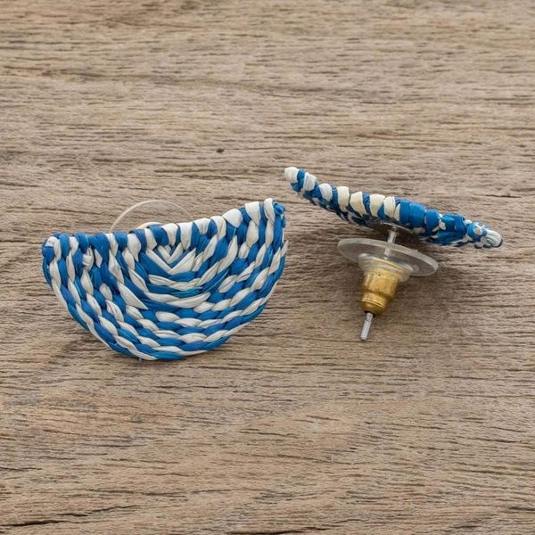 Alternate image for Blue and Ivory Woven Junco Reed Half-Circle Button Earrings Creamsicle Swirl
