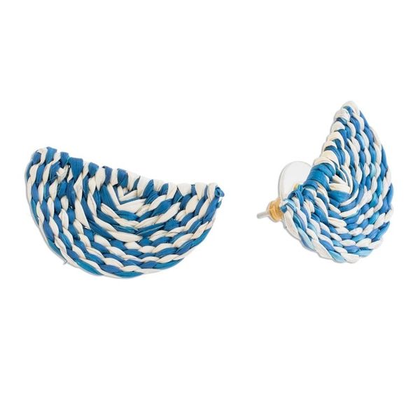Alternate image for Blue and Ivory Woven Junco Reed Half-Circle Button Earrings Creamsicle Swirl