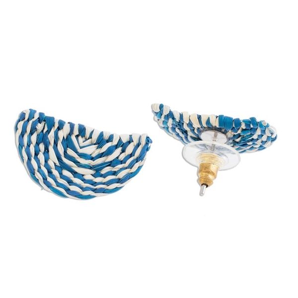 Alternate image for Blue and Ivory Woven Junco Reed Half-Circle Button Earrings Creamsicle Swirl