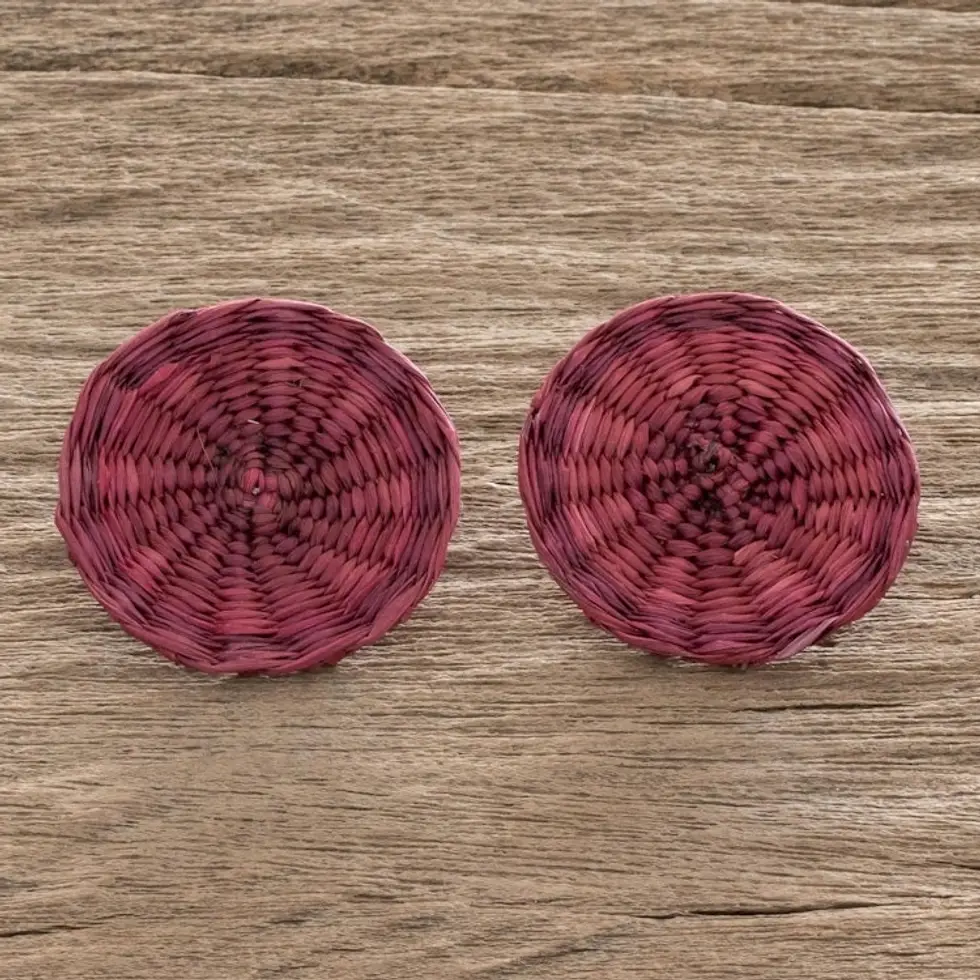 Fuchsia Handwoven Junco Reed Circular Button Earrings 'Circular Sensation in Fuchsia'