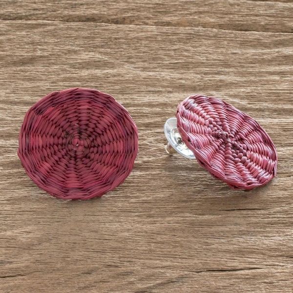 Alternate image for Fuchsia Handwoven Junco Reed Circular Button Earrings Circular Sensation in Fuchsia