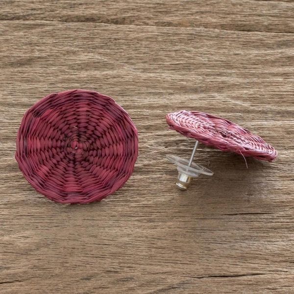 Alternate image for Fuchsia Handwoven Junco Reed Circular Button Earrings Circular Sensation in Fuchsia