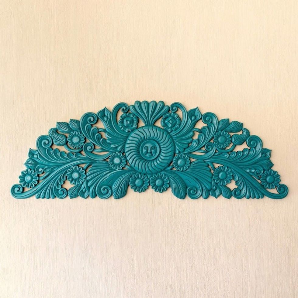 Hand-Carved Floral Wood Relief Panel in Blue from Guatemala 'Mister Sun'