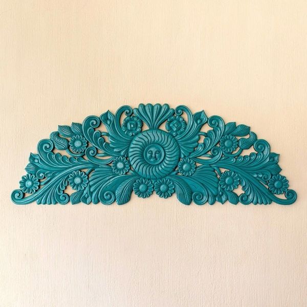 Alternate image for Hand-Carved Floral Wood Relief Panel in Blue from Guatemala Mister Sun