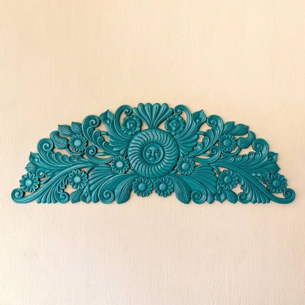 Hand-Carved Floral Wood Relief Panel in Blue from Guatemala 'Mister Sun'