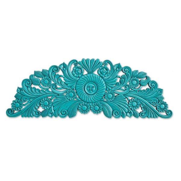 Alternate image for Hand-Carved Floral Wood Relief Panel in Blue from Guatemala Mister Sun