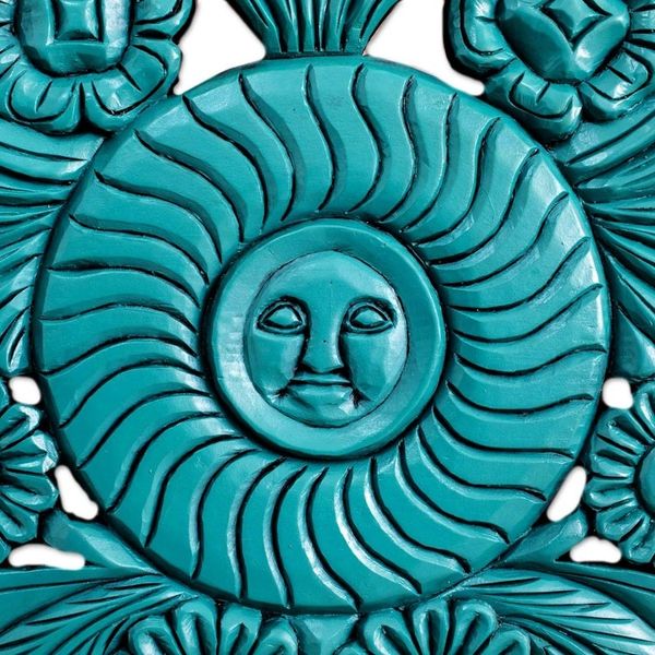 Alternate image for Hand-Carved Floral Wood Relief Panel in Blue from Guatemala Mister Sun