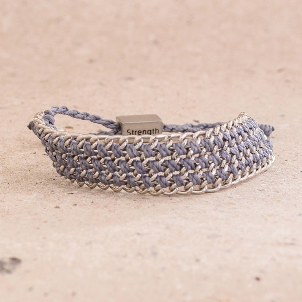 Hand-Knotted Wristband Bracelet in Cadet Blue with Metal 'Bold Mail in Cadet Blue'