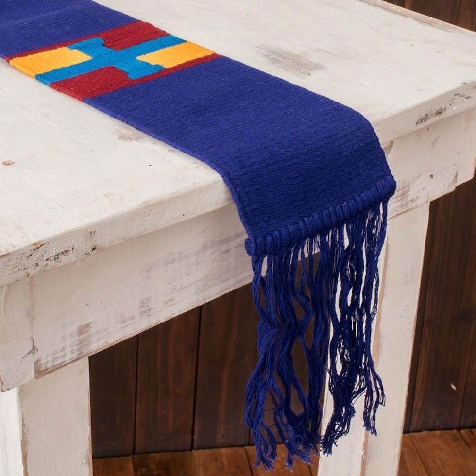 Multicolored Hand Woven Table Runner 'Solola Totem in Lapis'