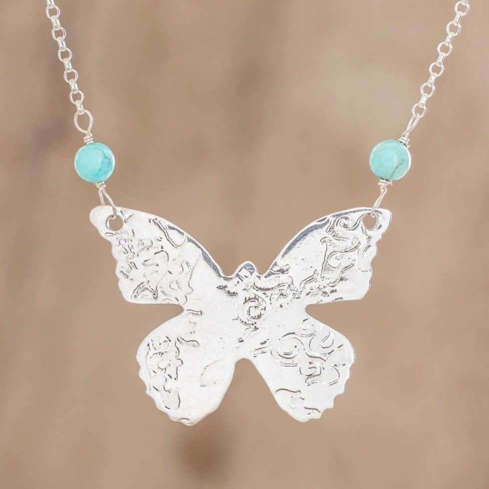 Sterling Silver and Recon. Turquoise Pendant Necklace 'Butterfly Texture'