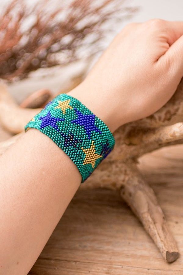 Alternate image for Teal Star Motif Beaded Wristband Bracelet Constellation in Teal