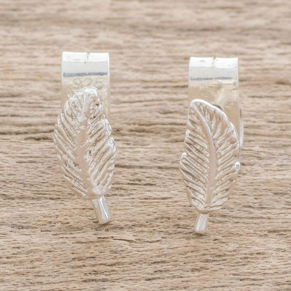 Feather-Shaped Sterling Silver Stud Earrings from Guatemala 'Amazing Leaves'